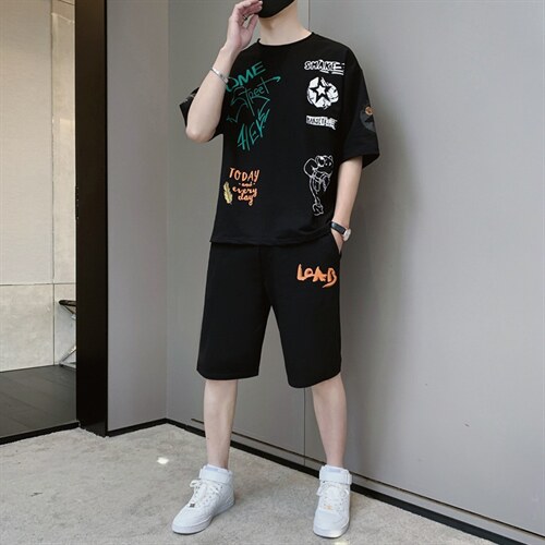 夏季潮流时尚T恤男装青少年宽松休闲圆领套装两件套F307P58，男装休闲套装，电商A086
