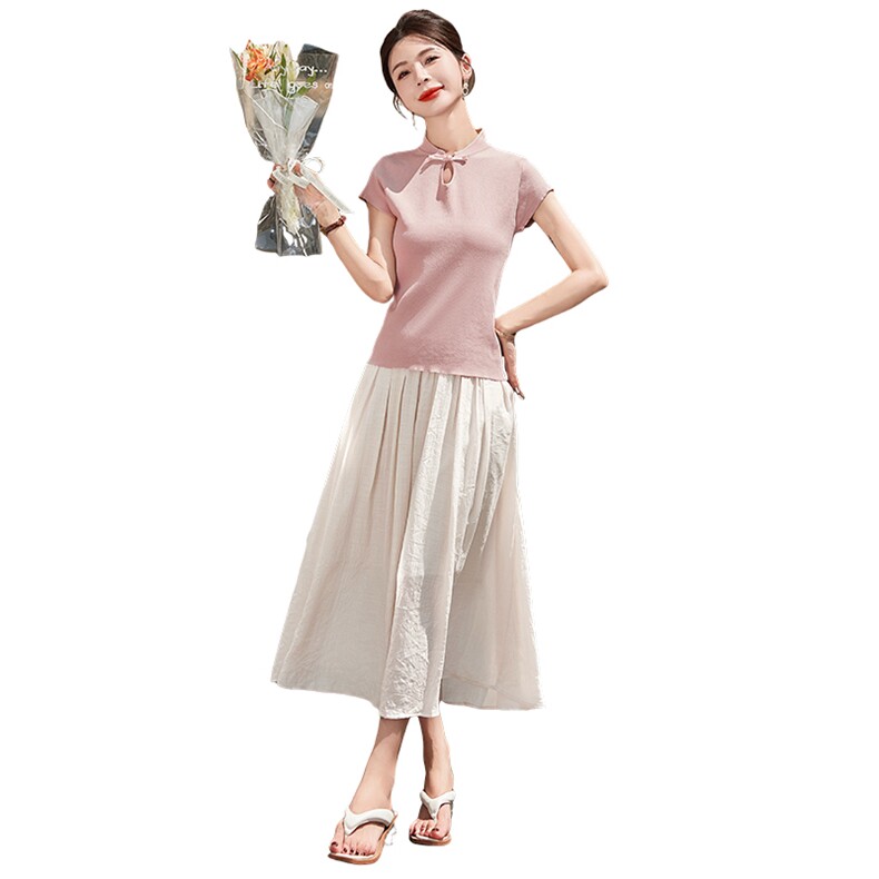 2024年夏季國风气质短袖上衣设计感盘扣新中式半裙套装女,女装套装/套裙,曼娅璐