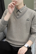 秋冬季男士假两件针织百搭衬衫领外套男毛衣内搭T恤9030加绒-P35，男装衬衫，星座1706
