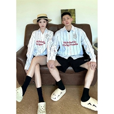 706-1-CS755-P48现货秋季美式运动撞色条纹衬衫情侣印花衬衣，男装衬衫，星座706-1