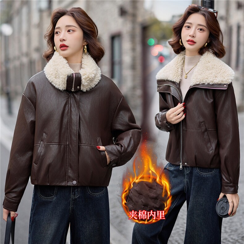 主推大翻领加丝绵皮衣短外套女秋冬新款保暖时尚酷飒机车PU皮夹克，女装皮衣，江南女神