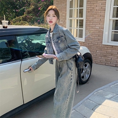 重工烫钻牛仔外套阔腿裤套装两件套时尚2025春季新款女装又a又飒，女装套装/套裙，2C253