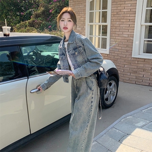 重工烫钻牛仔外套阔腿裤套装两件套时尚2025春季新款女装又a又飒图片