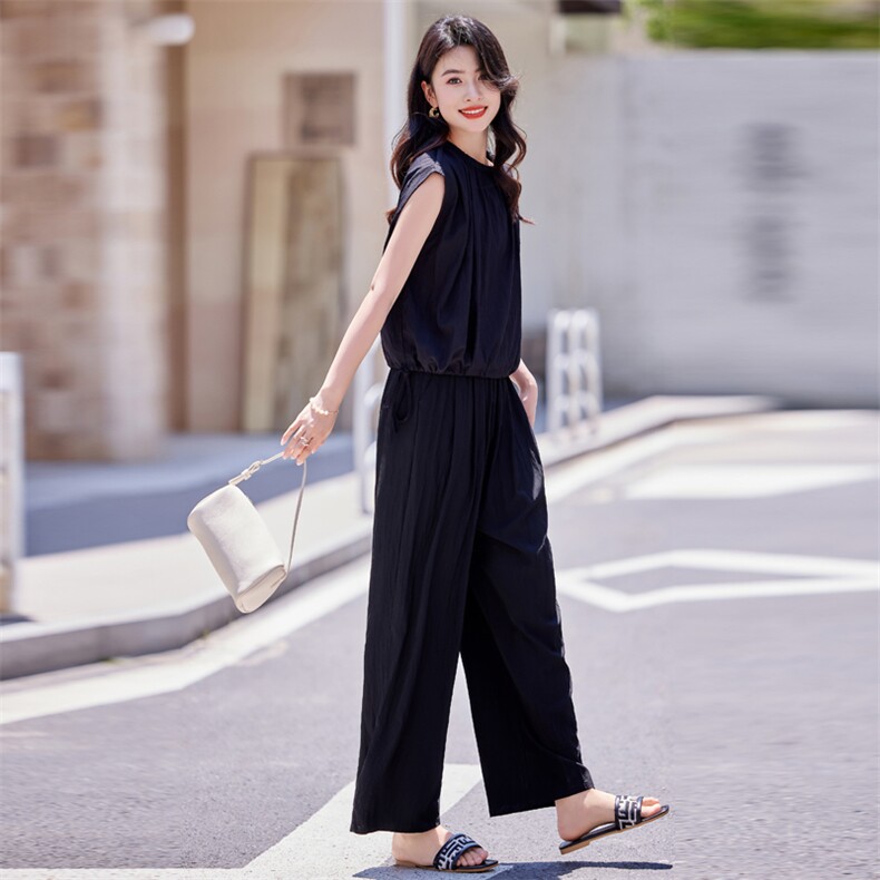 时尚气质套装2024夏季新款女休闲纯色宽松慵懒圆领薄款两件套,女装套装/套裙,梦懿尔