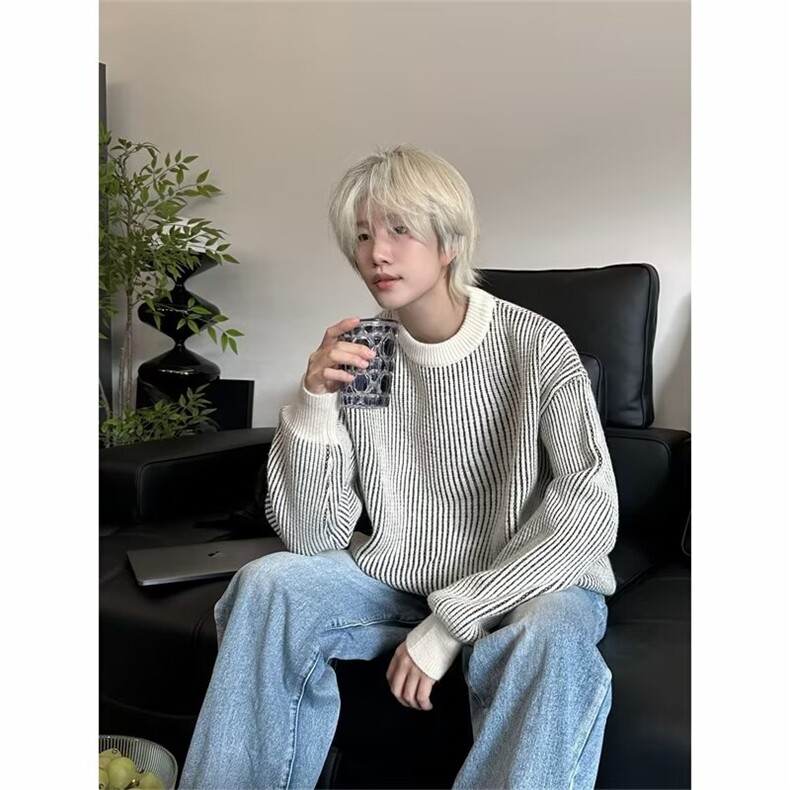 圆领条纹毛衣男款秋冬新款时尚套头针织衫日系复古宽松百搭上衣服,男装针织衫/毛衣,星座1013
