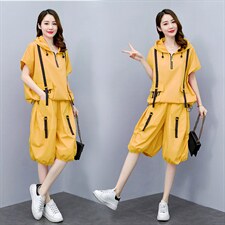 2022夏季新款时尚宽松运动套装女短袖连帽两件套休闲裤，女装套装/套裙，橙子家