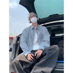 美式复古蓝格子衬衫宽松慵懒长袖衬衣开衫外套薄款C2253-特价42图片