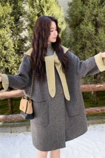 灰色娃娃领撞色连帽双面呢羊毛大衣女2025新款高级设计感加厚外套，女装羊绒大衣，2C056