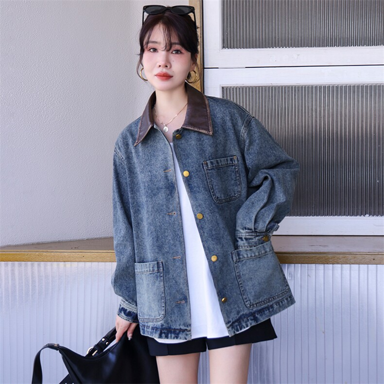 现货牛仔外套女宽松韩版上衣秋冬季新款撞色拼接水洗牛仔衣夹克潮，女装牛仔外套，跑量工厂店