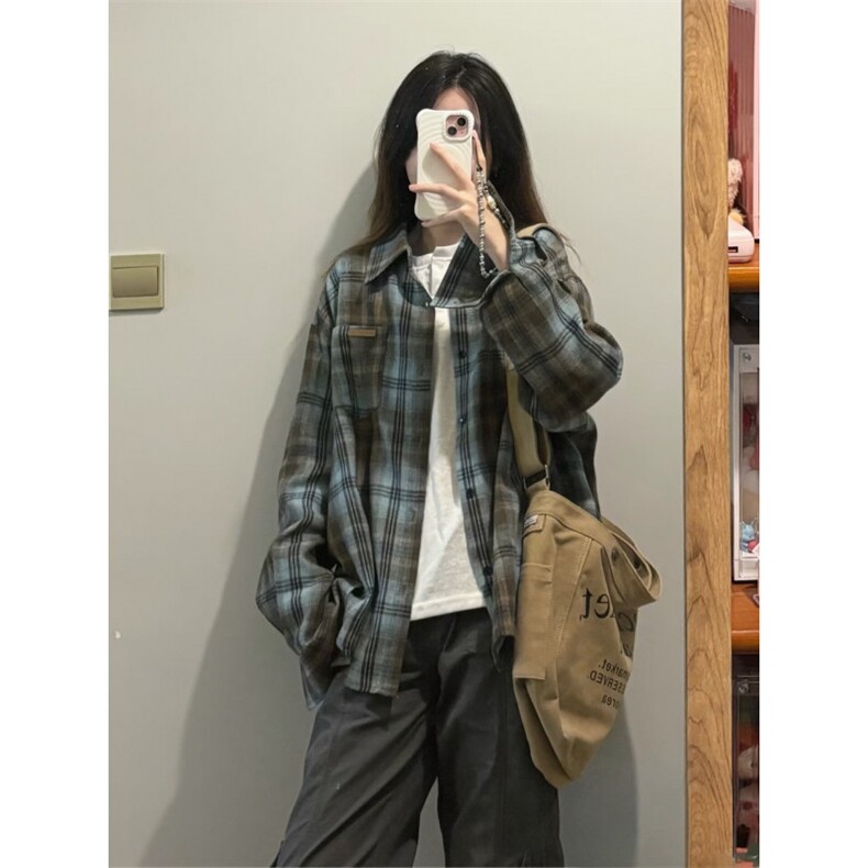 TC645-p45慵懒风Polo领格子衬衫女早秋美式复古宽松防晒外套,女装衬衫,星座617A-2