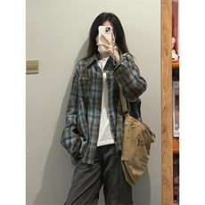 TC645-p45慵懒风Polo领格子衬衫女早秋美式复古宽松防晒外套，女装衬衫，星座617A-2