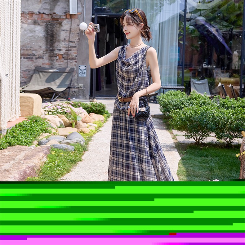 法式复古格子套装裙女2025夏新款气质荡领背心上衣半身长裙两件套,女装套装/套裙,沁沁公主