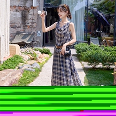 法式复古格子套装裙女2025夏新款气质荡领背心上衣半身长裙两件套，女装套装/套裙，沁沁公主