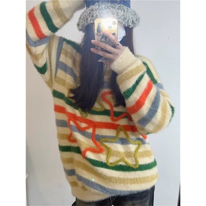 秋冬季流行洋气可爱彩色条纹套头毛衣女时尚甜美针织衫设计感上衣图片