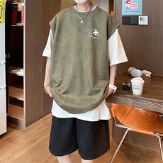 直播美式麂皮绒宽松背心无袖t恤短裤大码两件套套装TZ43-P58，男装T恤，电商A486