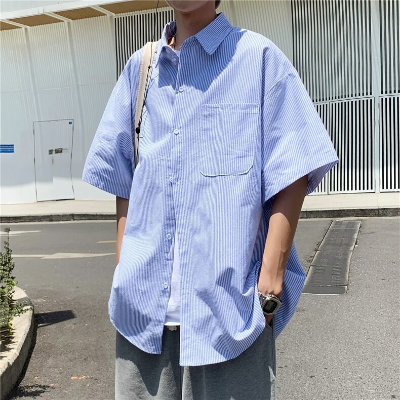 细条纹衬衫男短袖韩版潮流文艺2023夏季新款ins宽松外套CY317-P29,男装衬衫,星座412-3