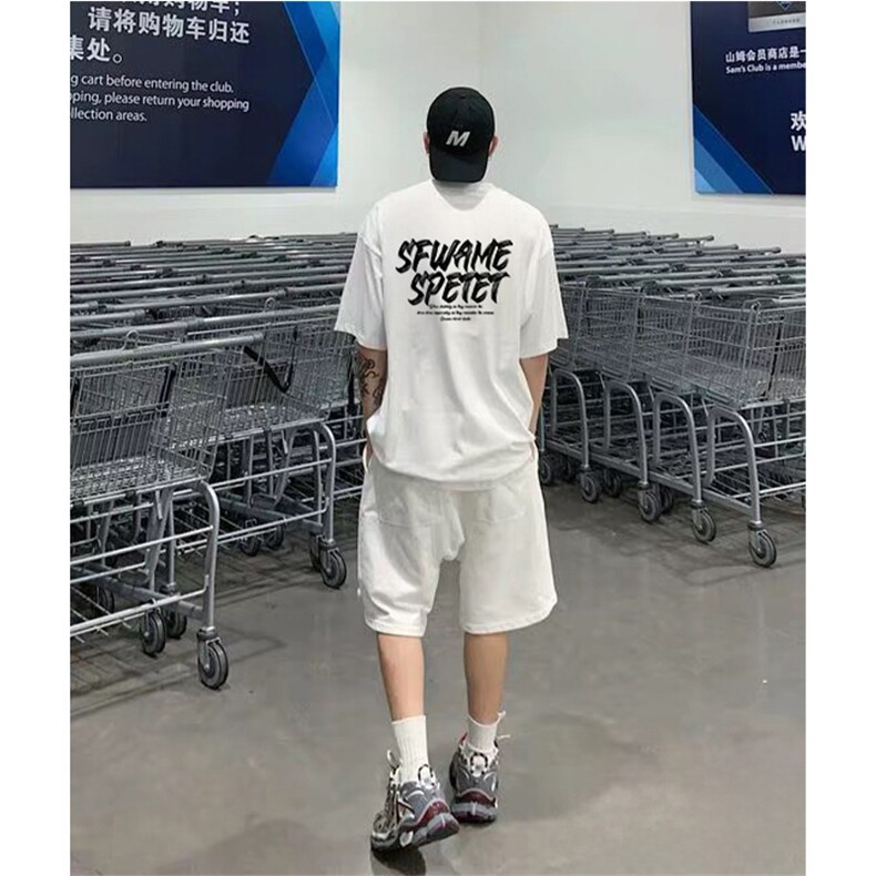 抖音得物 210克现货宽松纯棉美式潮牌印花落肩袖纯棉T恤AT21139图片