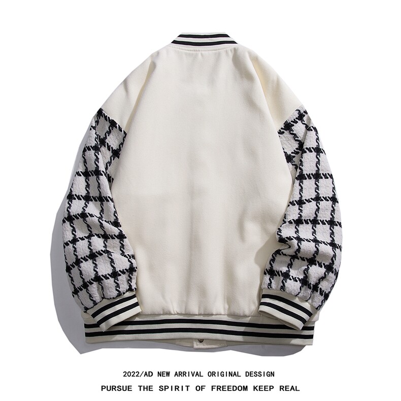 白底22秋冬新款模糊字母印花拼接棒球服情侣夹克外套G706P95控128,男装夹克,电商A247-1