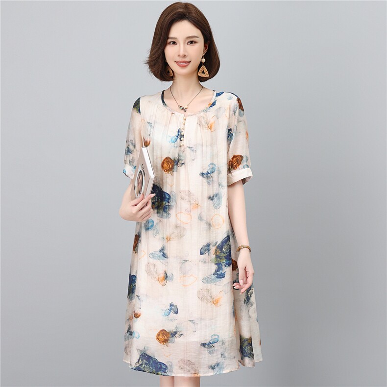 2026时尚中年妈妈休闲直筒莱赛尔天丝麻连衣裙,女装连衣裙,独衣靓