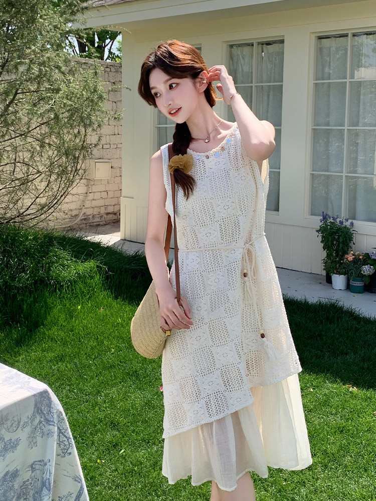 无袖背心连衣裙女2025新款轻奢高级感假白色气质休闲长裙子,女装连衣裙,莘蕾