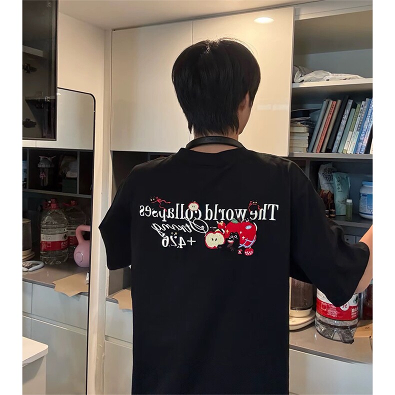 抖音得物供货210克现货宽松纯棉美式潮牌印花落肩袖纯棉T恤AT2162,男装T恤,电商A443