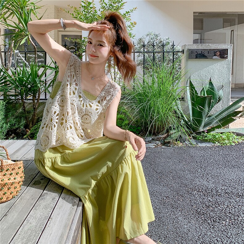 森系少女感穿搭吊带连衣裙叠穿蕾丝马甲女夏超火好看长裙两件套装,女装连衣裙,2C187