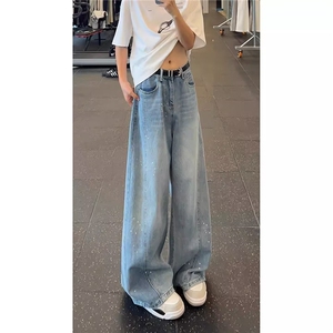 时尚烫钻阔腿牛仔裤女2025新款春夏高级感个性高腰宽松窄版直筒裤图片