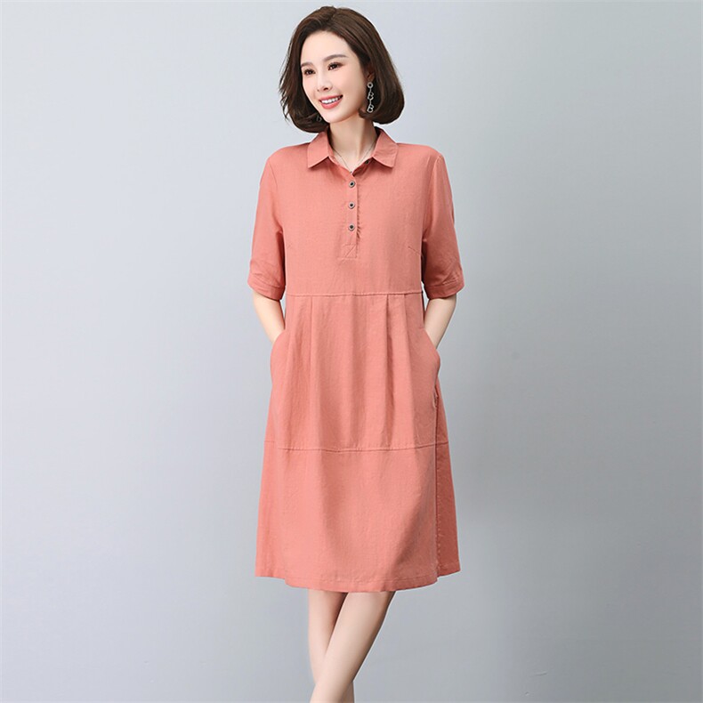 棉麻连衣裙女夏季2025新款大码宽松显瘦法式气质妈妈亚麻衬衫裙子,女装连衣裙,忆绮罗