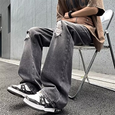 新款潮牌贴布破洞牛仔裤男宽松直筒阔腿痞帅百搭休闲裤子，男装牛仔裤，星座410-7