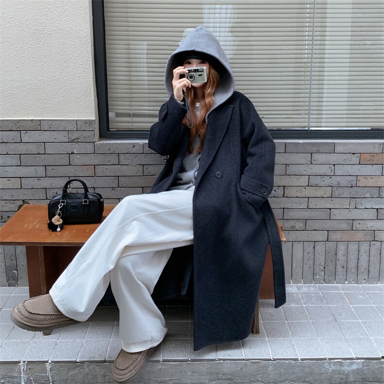 现货新款韩范中长款过膝双面羊绒大衣黑灰色高端毛呢连帽外套,女装双面呢大衣,网红馆