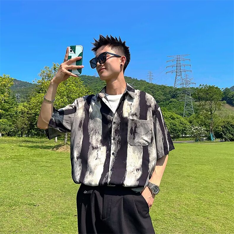 1506/QC660/P34轻熟风高级感宽松水墨印花衬衫垂感衬衣痞帅潮流图片