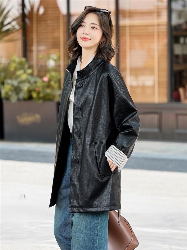 【大量现货】秋季女装新款时尚立领潮流金属丝中长款腰带皮衣外套,女装皮衣,魅衣本色