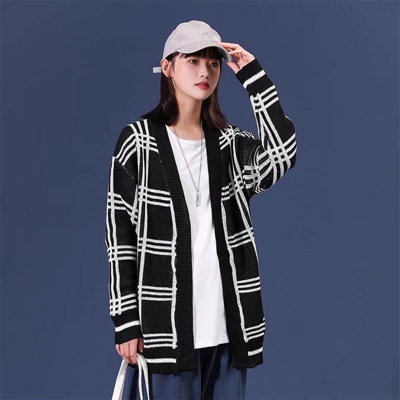 盐系春秋简约设计感格子情侣针织毛衣ins复古休闲开衫女M905-p40,男装针织衫/毛衣,星座1008-1