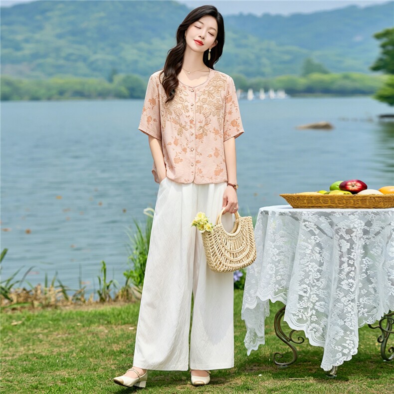 2026年夏季新中式印花刺绣两件套套裤,女装套装/套裙,依路服饰
