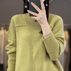 2024秋冬季新款圆领宽松外穿女中长款羊毛上衣，女装羊毛衫，迅太羊绒
