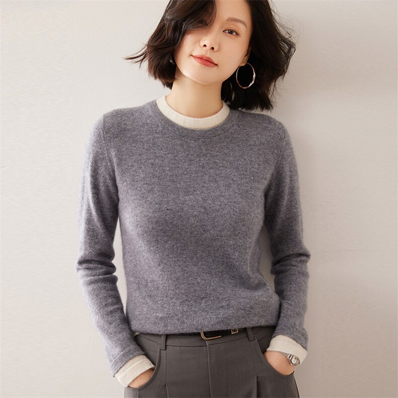 亲肤软糯拼色圆领加厚山羊绒衫女秋冬宽松套头毛衣针织羊毛打底衫,女装羊绒衫,琳华羊绒