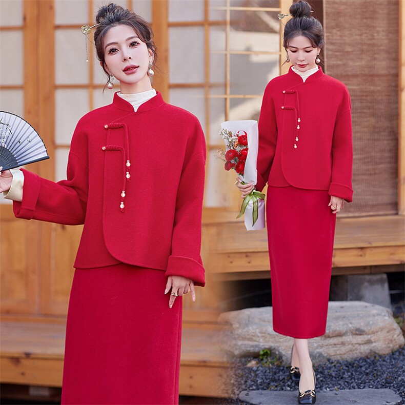 芷墨新款春装时尚新中式双面呢外套上衣半身裙两件套装裙，女装套装/套裙，芷墨服饰