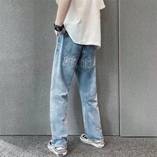 牛仔裤男夏季潮牌大码休闲裤子高街设计感N9001P43图片