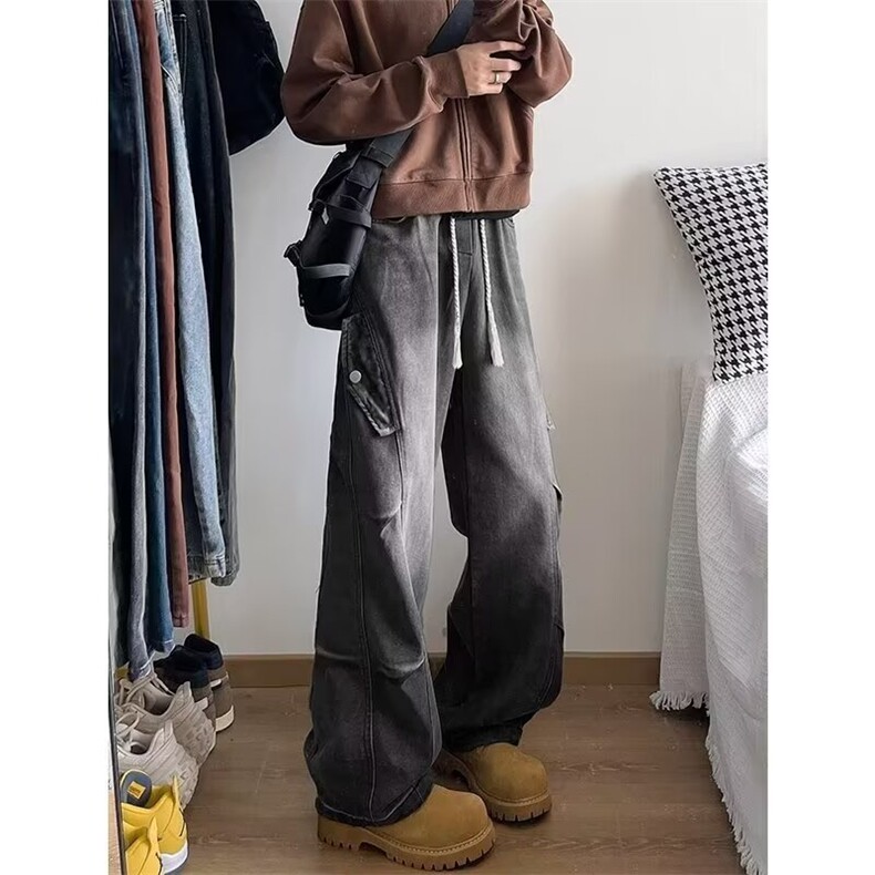 美式复古做旧解构阔腿牛仔裤男秋季高街设计感褶皱cleanfit直筒裤,男装牛仔裤,星座506A