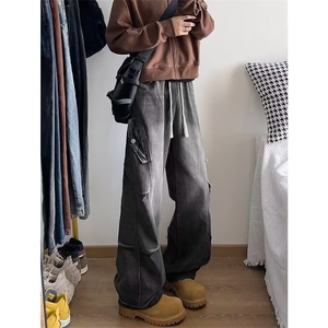 美式复古做旧解构阔腿牛仔裤男秋季高街设计感褶皱cleanfit直筒裤图片