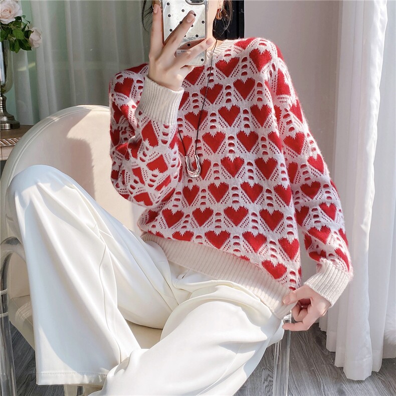 2025爱心图案时尚百搭简约针织衫，女装针织衫/毛衣，织纯羊绒