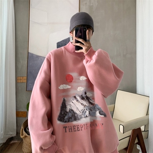 加绒加厚高领卫衣油画印花落肩袖情侣款打底衫男 XZ514-2-G83-P48图片