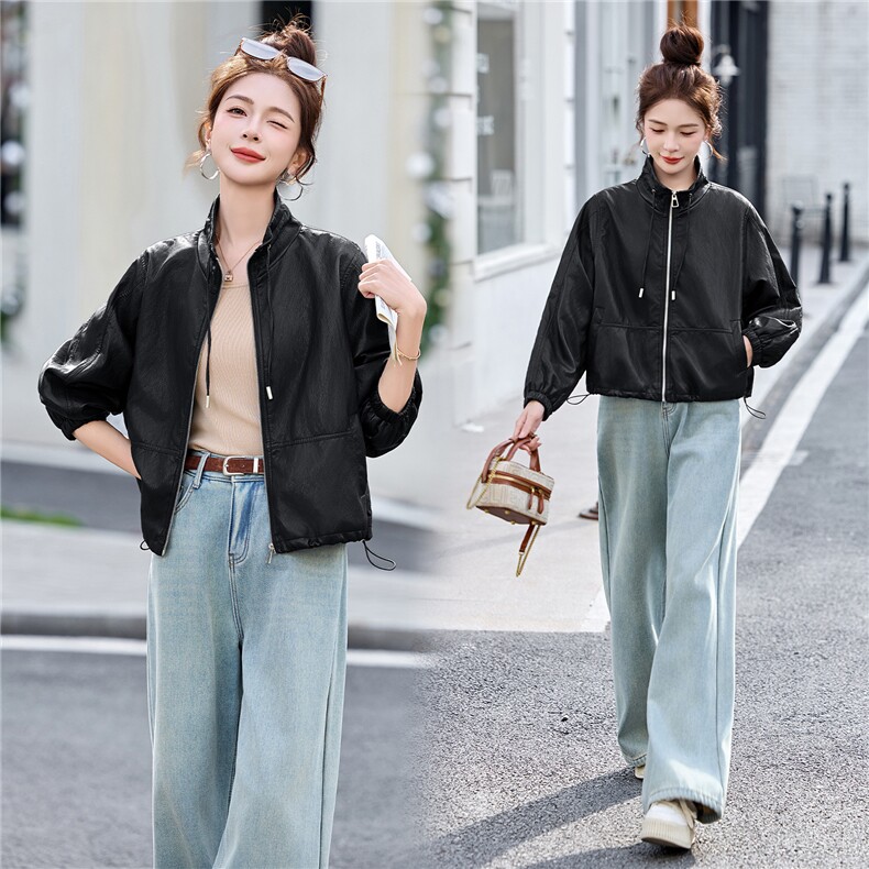 高端欧货春季新款高级感时尚抽绳立领外套宽松休闲夹克衫上衣女,女装皮衣,潮流依族