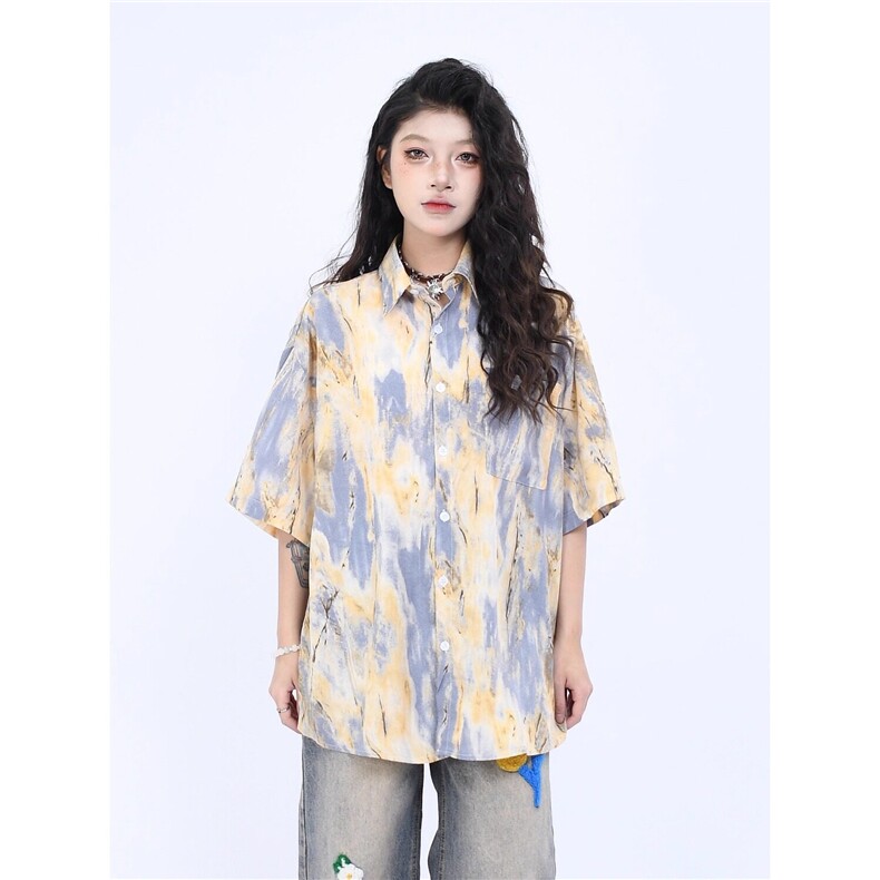水彩晕染度假短袖衬衫男夏季薄款小众撞色宽松休闲慵懒风冰丝衬衣,男装T恤,星座218-1（原230）