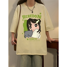 夏新款宽松美潮猫咪女孩可爱印花休闲短袖T恤T6097P25控38，男装T恤，电商A268