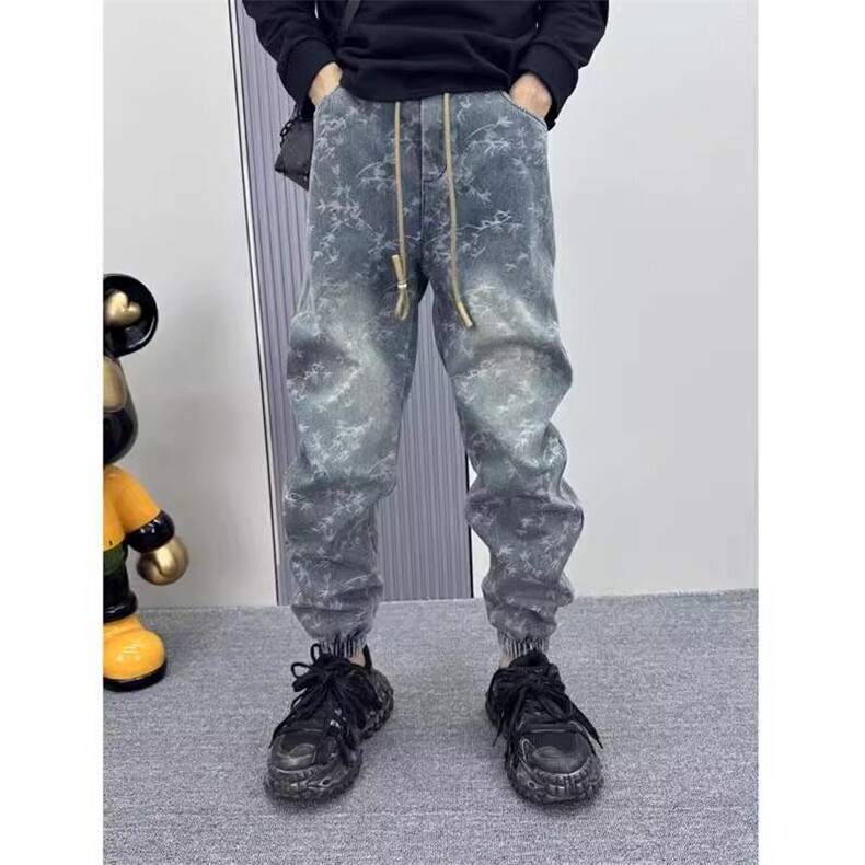 高街复古个性提花牛仔裤男2025春秋新款时尚宽松束脚裤百搭休闲裤,男装休闲裤,星座506A