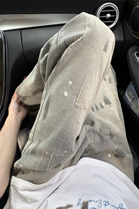 网图 涂鸦设计感泼墨扎染牛仔裤男水洗直筒长裤N6454-特P45控88图片