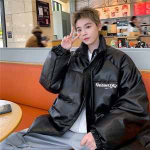 港风鳄鱼纹棉衣男手塞棉夹克PU皮棉服外套男8507P120控158图片