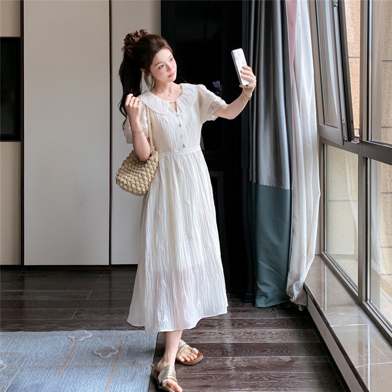 法式复古纯色V领连衣裙女2025夏季新款高级感气质显瘦长裙子,女装连衣裙,2C307