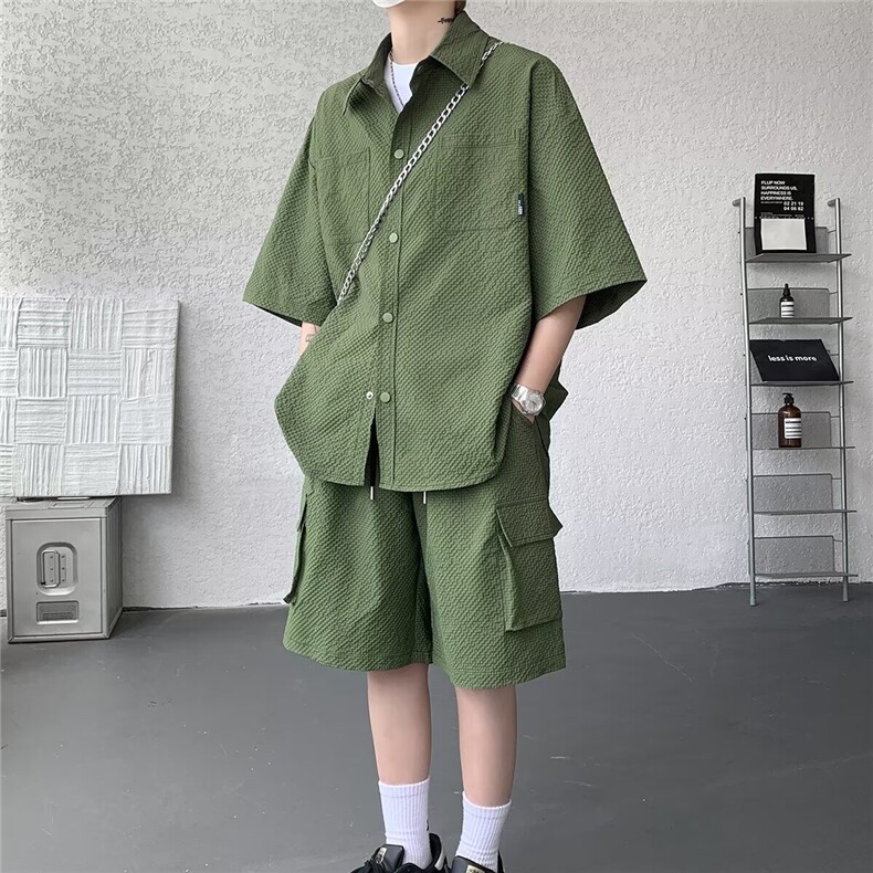 美式复古冰丝套装男夏季薄款机能速干工装短袖短裤酷帅穿搭两件套,男装休闲套装,星座1210-1